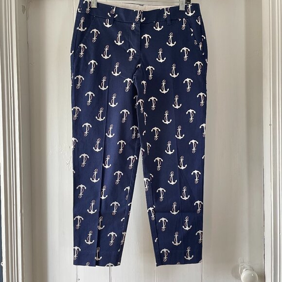 J. Crew Skimmer Pants Womens 2 Navy Blue Straight Anchor Print Stretch Chino EUC - Picture 1 of 6